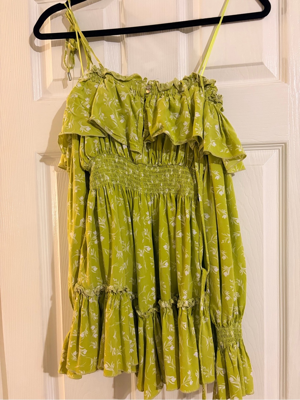 Off the shoulder long sleeve Lime Green Floral Ruffle Romper - Picture 2 of 3